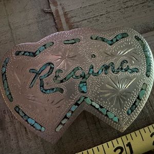 Leather Belt with Sterling Silver and Turquoise Inlay Belt Buckle
